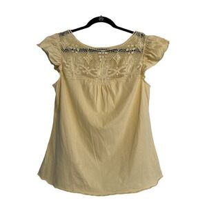 Sundance Top‎ Womens Medium Yellow Cotton Lace Cap Sleeve Blouse Casual